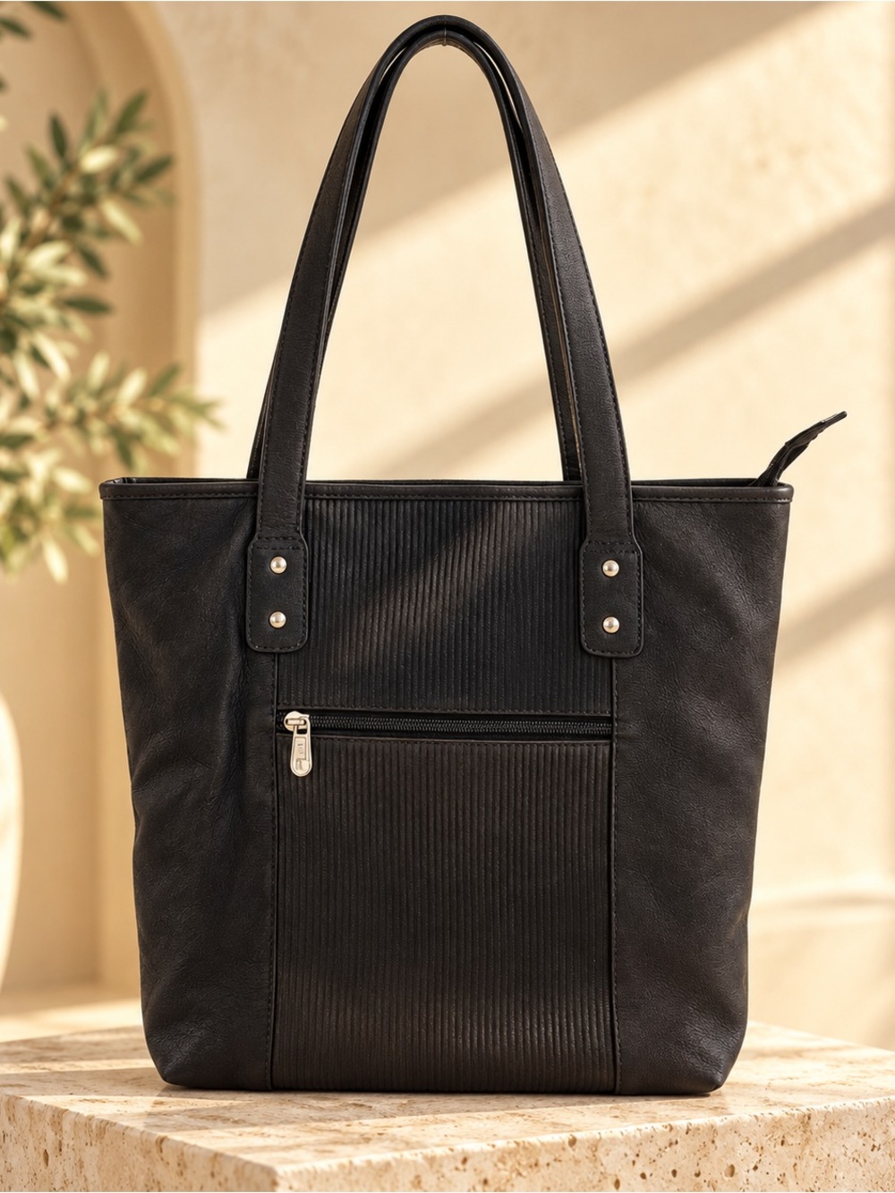 Piel Black Genuine Leather Zip Top Tote Shoulder Bag